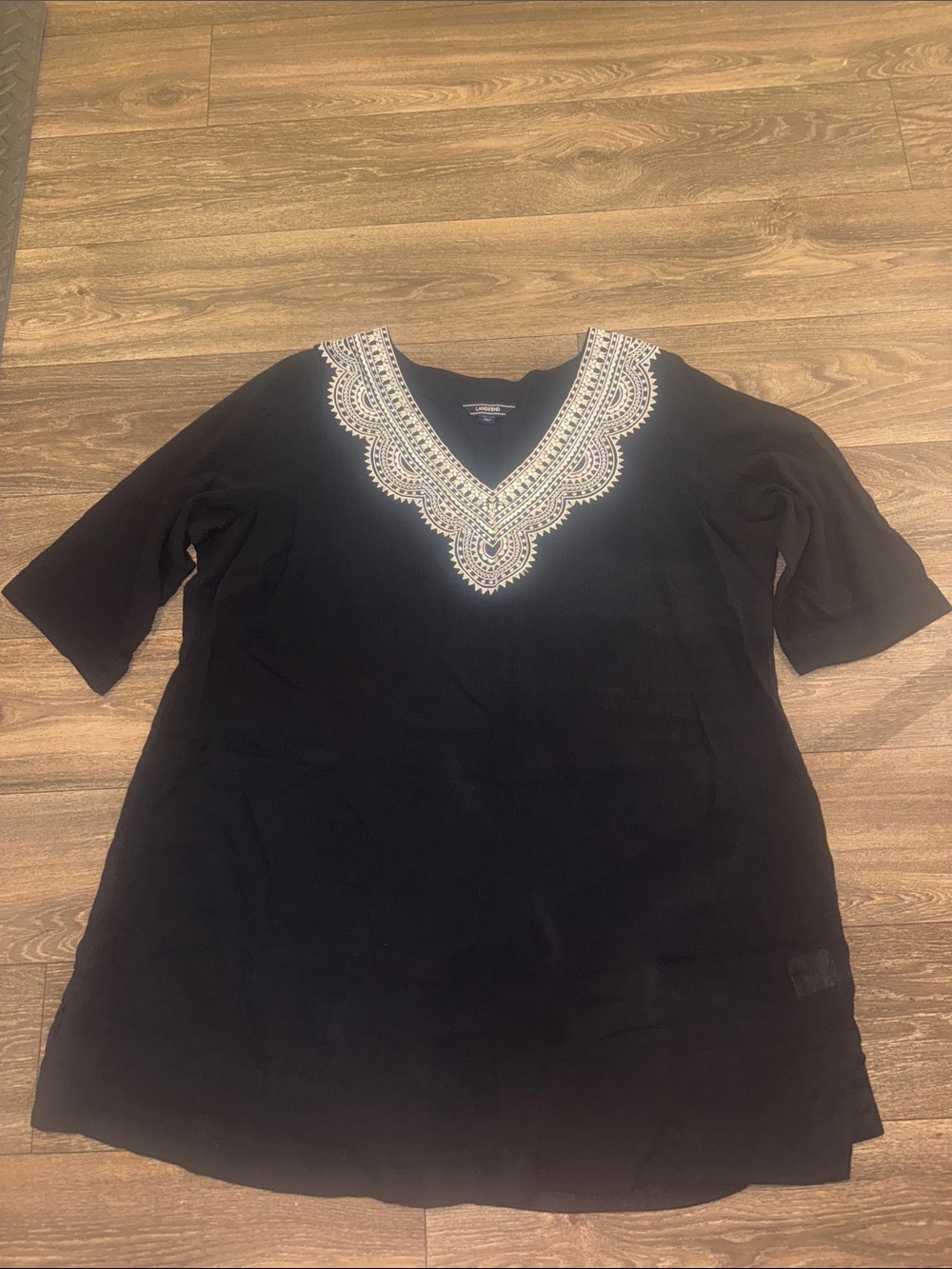 Lands' End Black V-Neck bathing suit cover up with White Embroidered Neckline
